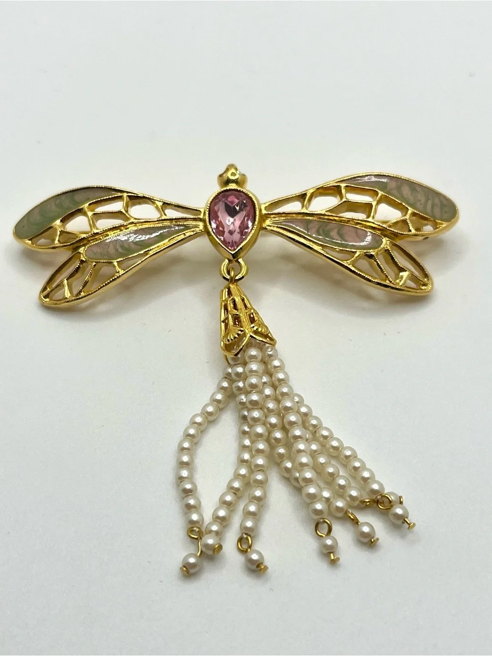 Vintage Avon dragonfly brooch faux pearl tassel pink rhinestone gold tone pin